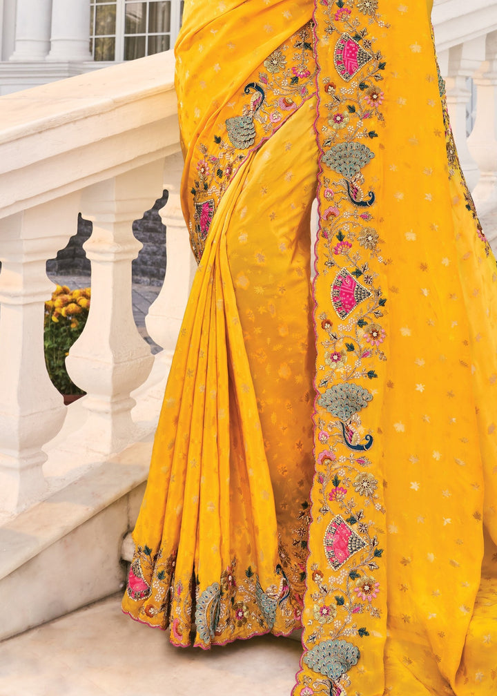 Yellow Natural Crape Saree With Moti Work
