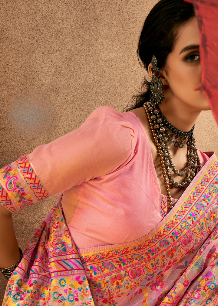 Soft Blush Pink with Multicolour Kashmiri Floral Weaving Saree