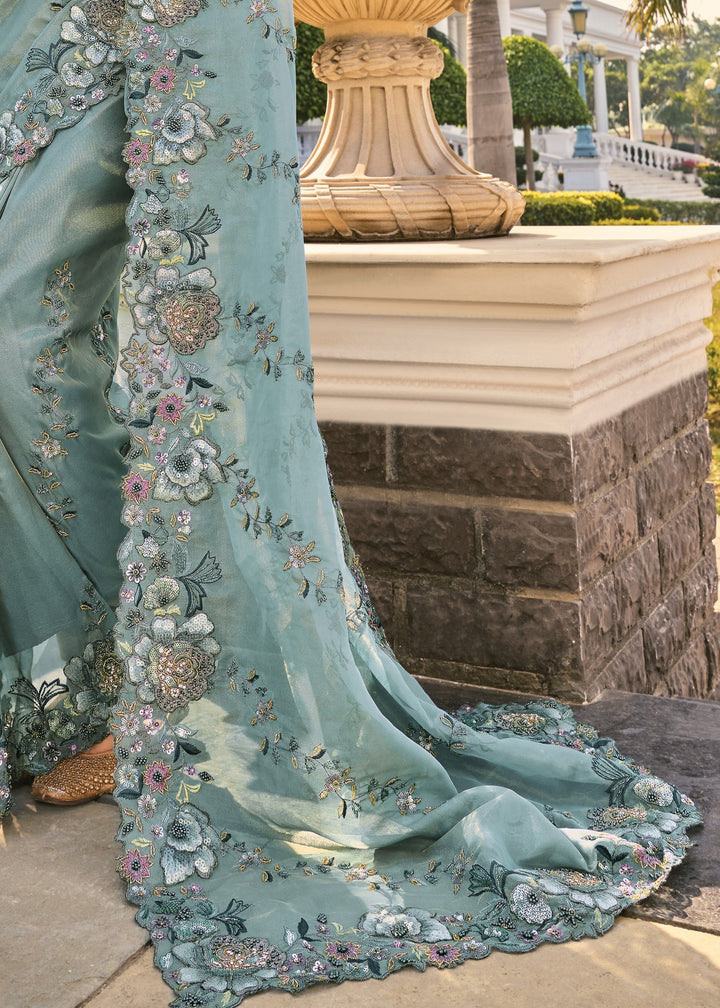 Sea Green Pure Orgenza Saree With Thread Work