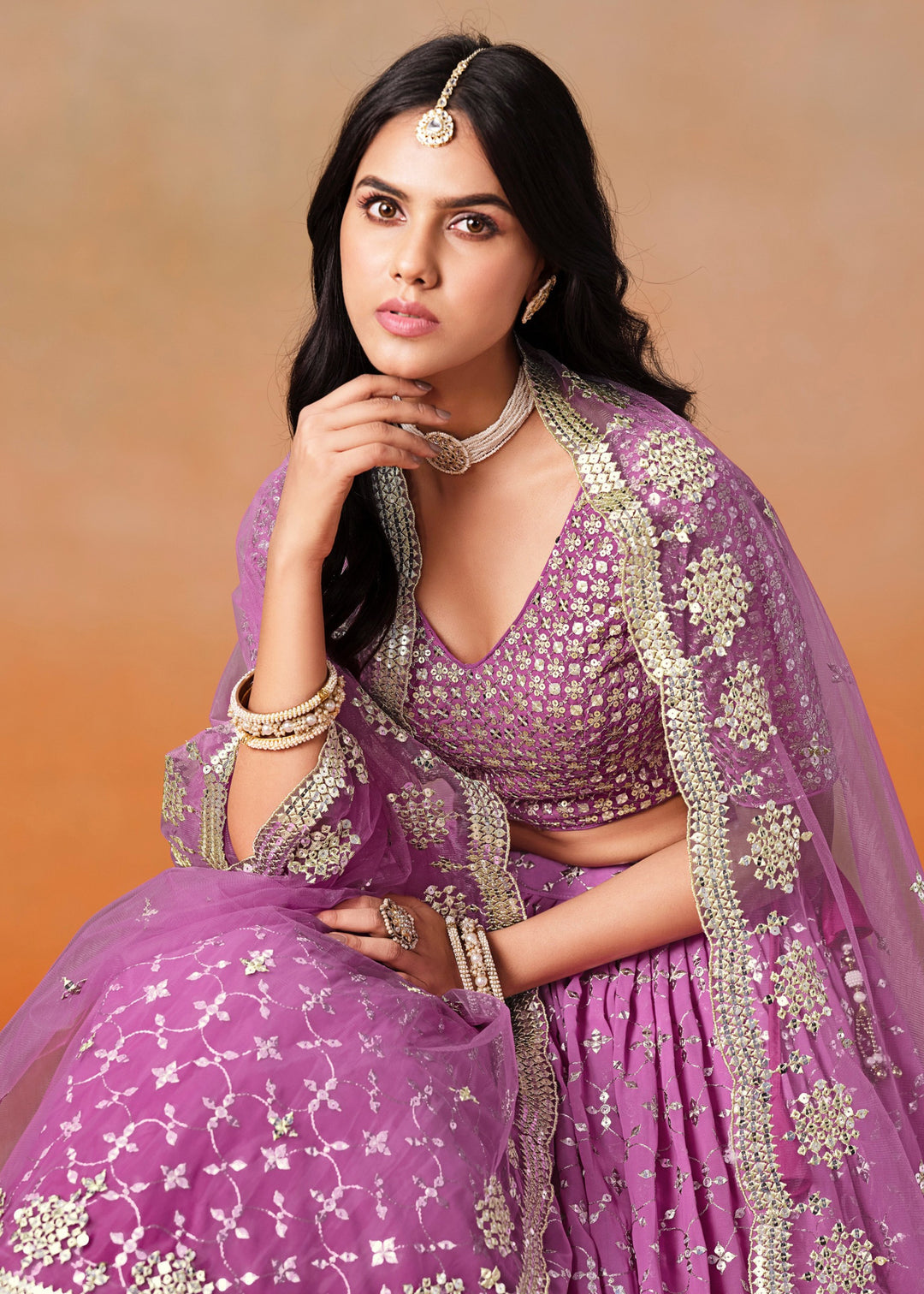 Rani Pink Sequins Zari Embroidered Work Georgette Lehenga
