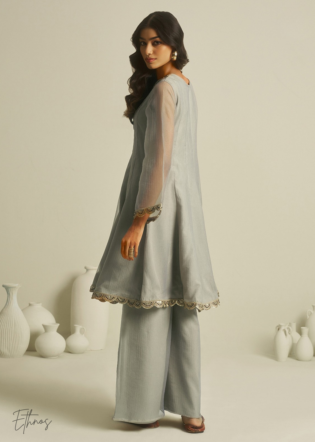 Grey Tissue Handwork Kurta With Pant
