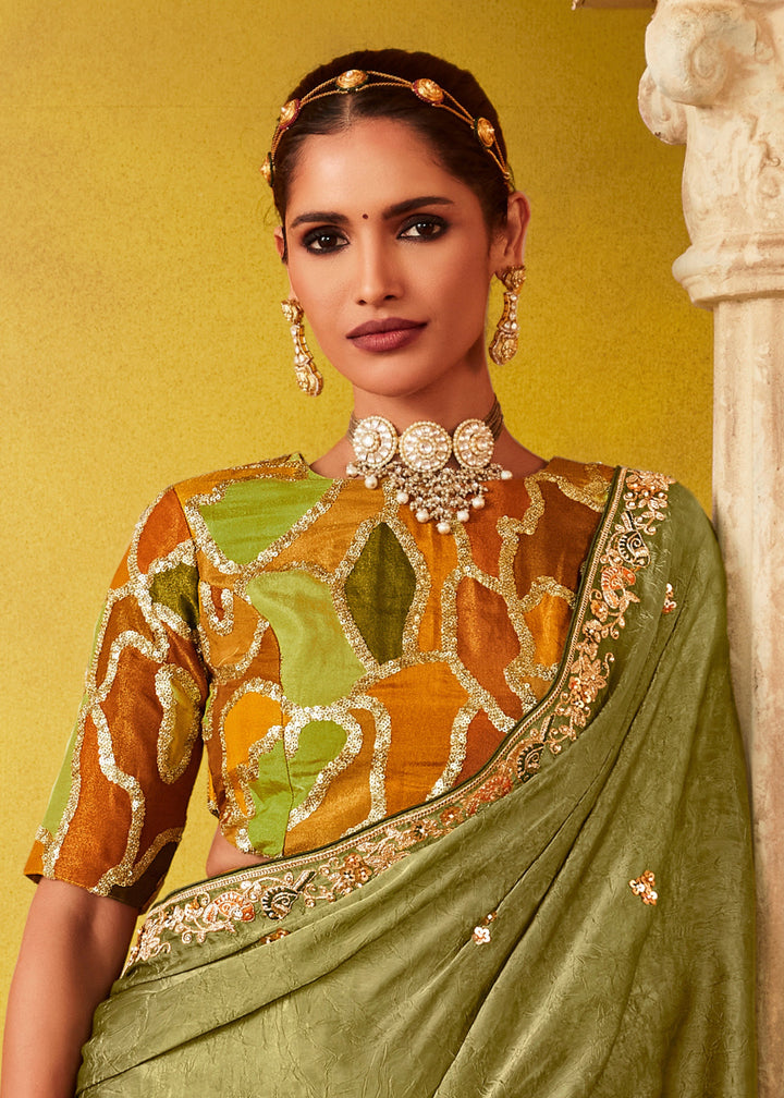 Olive Green Glass Tissue Silk Saree With Sequins And Thread Embroidered Work : Top Pick