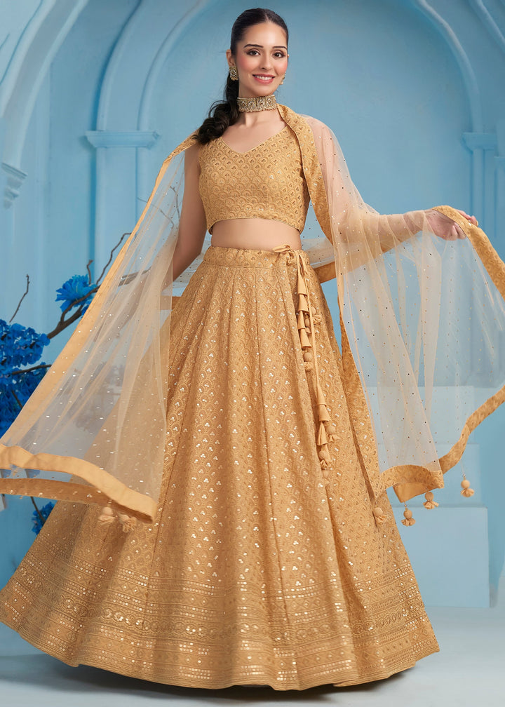 Beige Georgette Lehenga With Sequins and Thread Embroidered Work