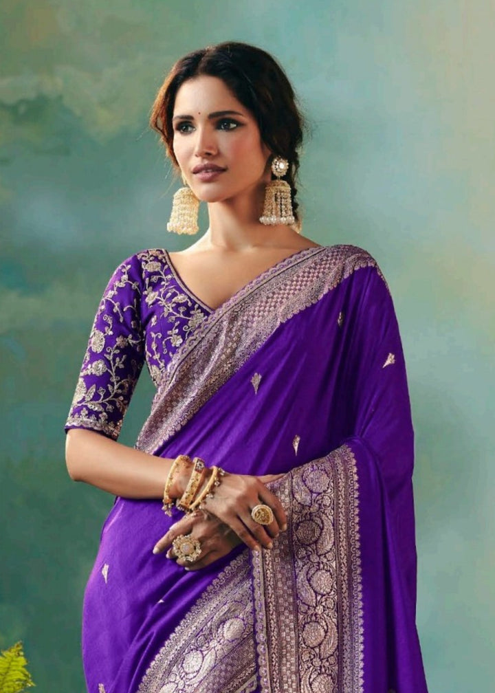 Royal Purple Pure Viscose Dola Silk Saree with Zari Weaving & Embroidered Blouse