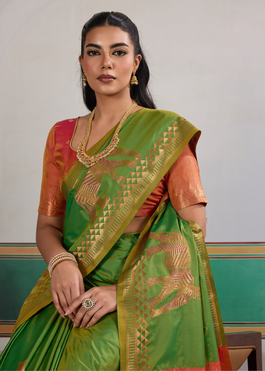 Bright leaf green Pure Silk Saree