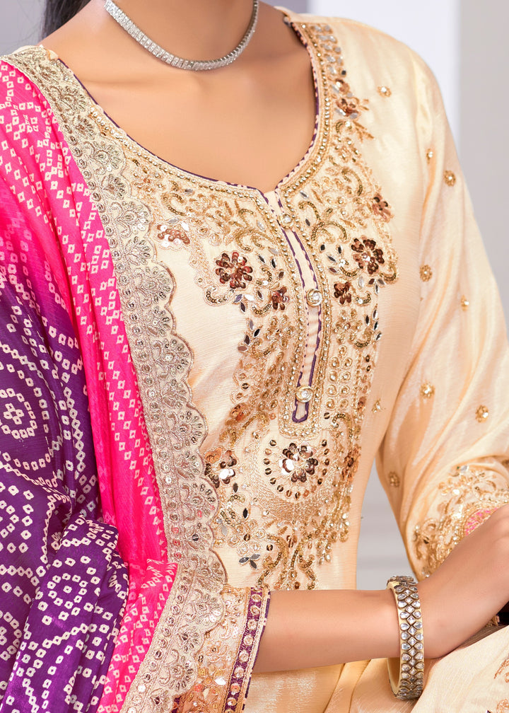 Purple And Pink Chinon SIlk Plazo Suit With Embroidered Work