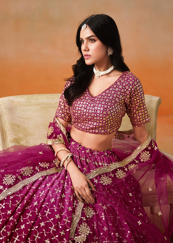 Red Pink Sequins Zari Embroidered Work Georgette Lehenga