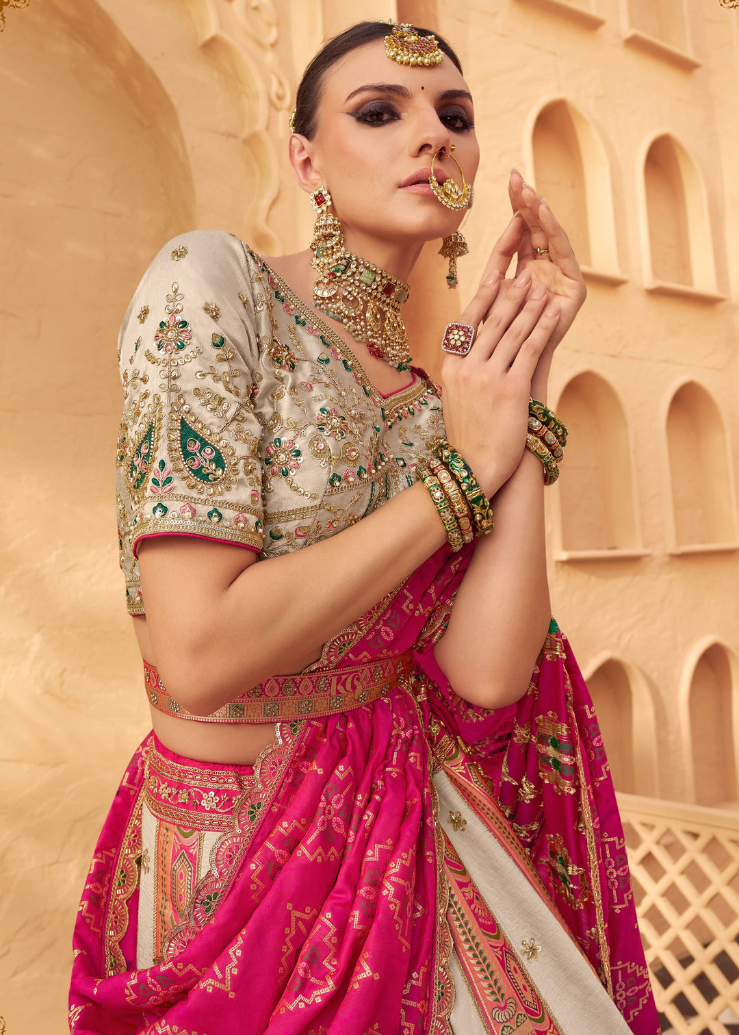 Off White & Pink Banarasi Silk Lehenga Choli With Zarkan And Cut Work