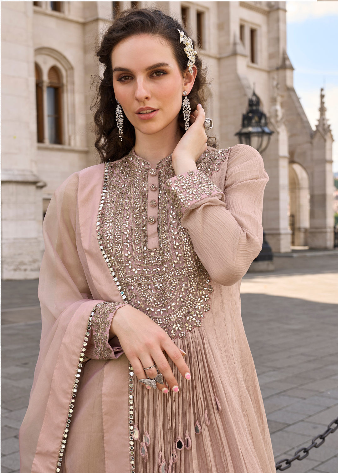 Dusty Rose Chinon Silk Gown with Dupatta