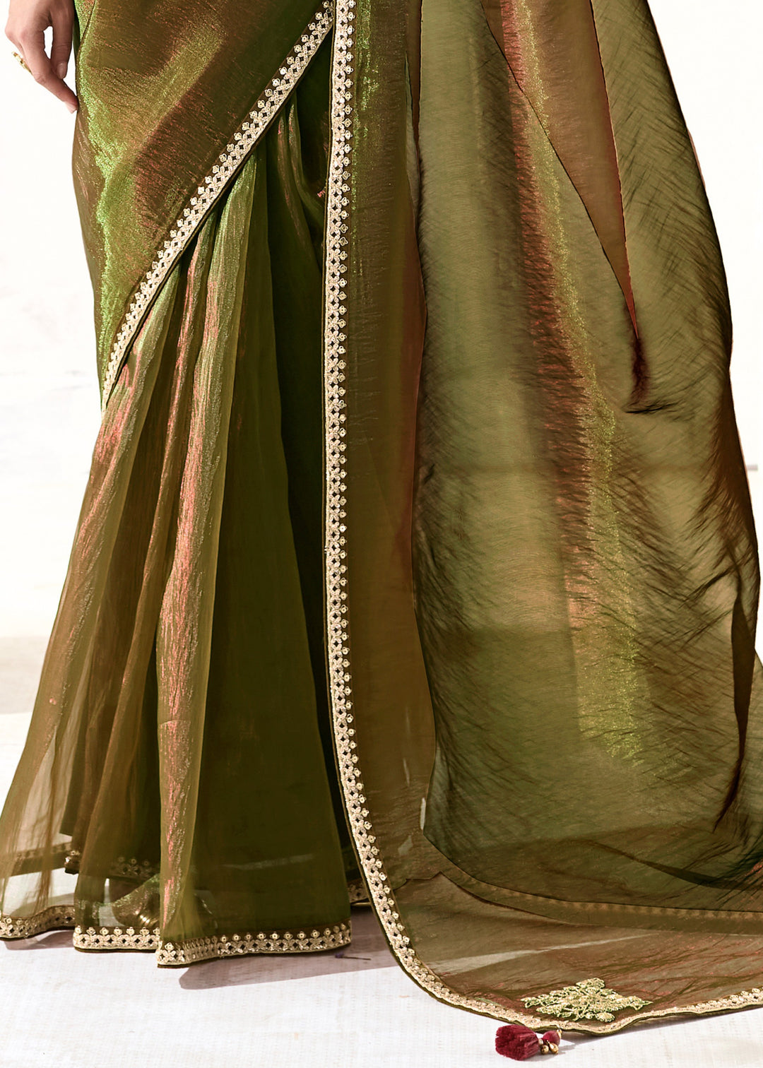 Army Green Organza Tissue Silk Saree With Heavy Work Border And Designer Blouse