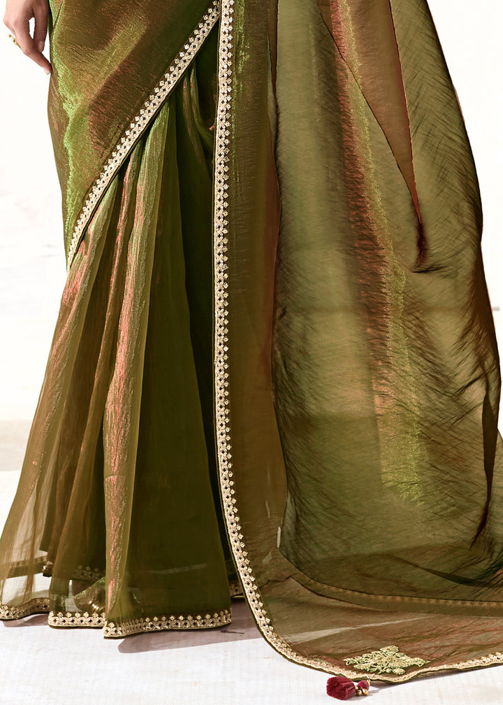 Army Green Organza Tissue Silk Saree With Heavy Work Border And Designer Blouse