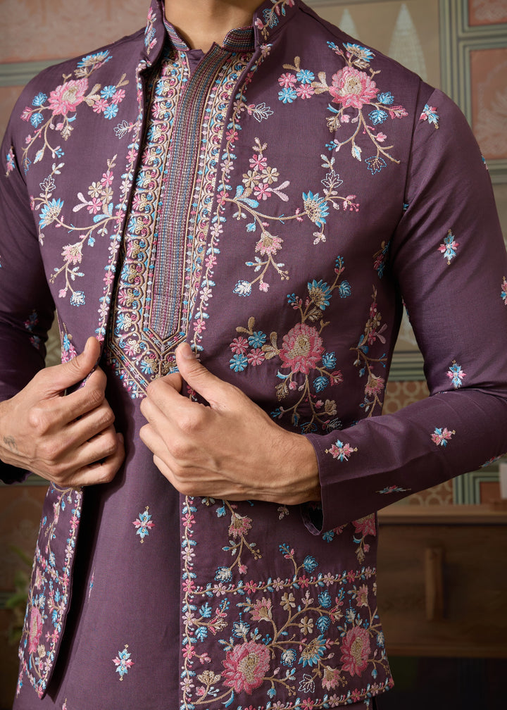 Purple Mens Wear Koti Style with Silk Kurta and Pajama