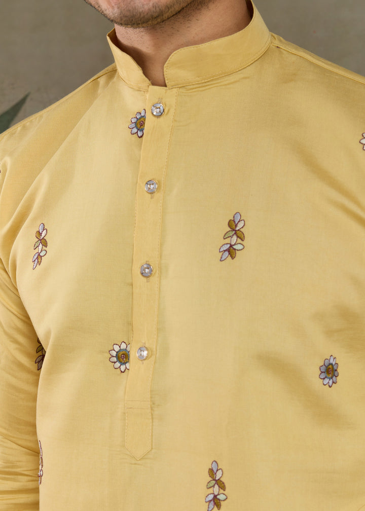 Daffodil Yellow Viscose Silk Kurta Set With Thread & Sequins Embroidered Work