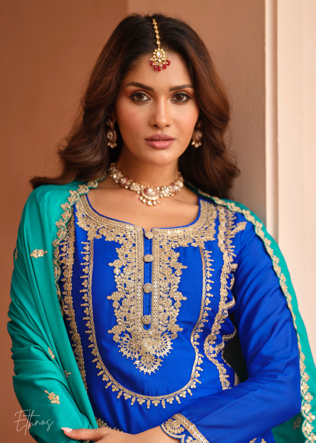 Royal Blue And Teal Green Silk Salwar Suit