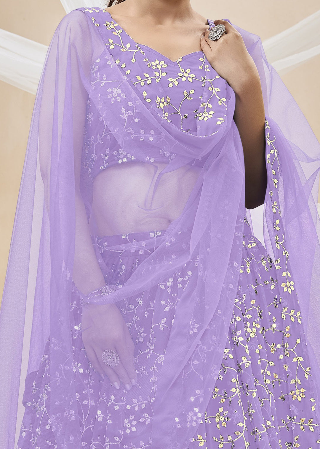 Lavender Purple Georgette Lehenga Choli With Sequins Zari Embroidered Work