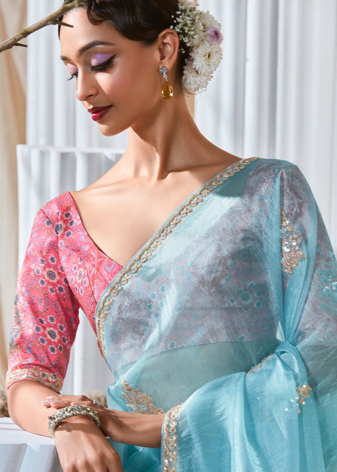 Sky Blue Fancy Silk Saree With Printed Blouse