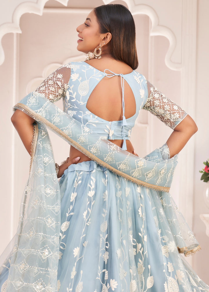 Sky Blue Designer Soft Net Lehenga With Cotton Thread And Sequins Embroidery Work