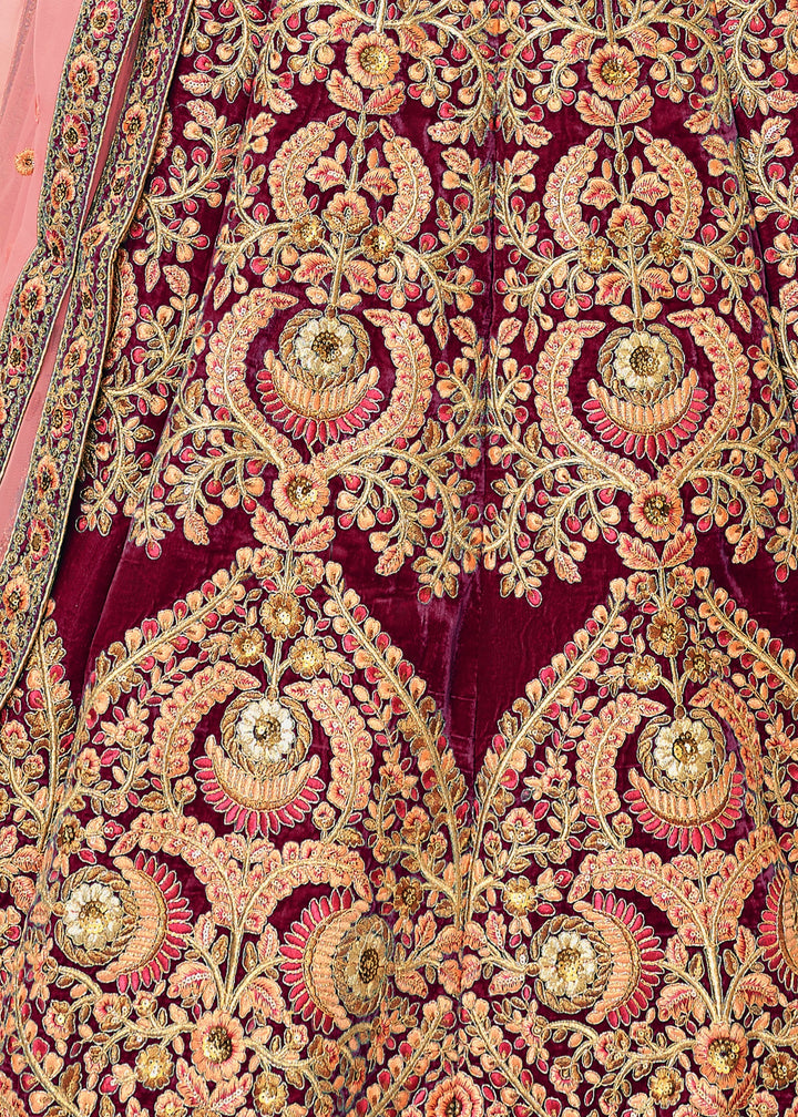 Maroon Red Velvet Lehenga Choli With Thread & Zari Embroidery Work