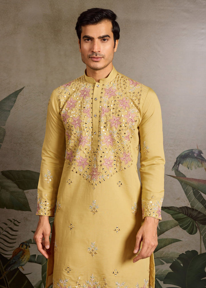 Canary Yellow Mens Wear Silk Kurta with Pant