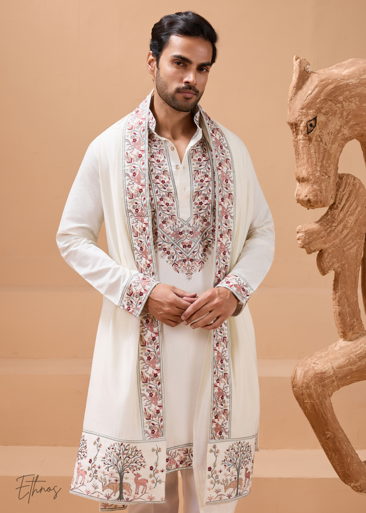 White Mens Wear Silk Kurta With Pant And Dupatta