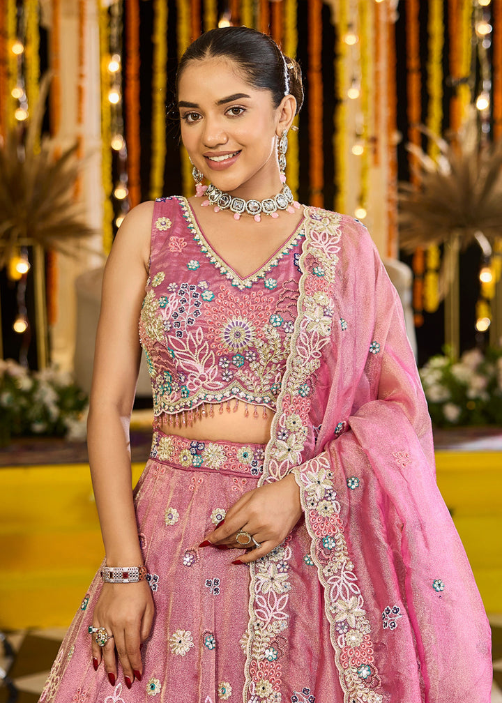 Pink Satin Silk Lehenga Choli with Sequinned Embroidered