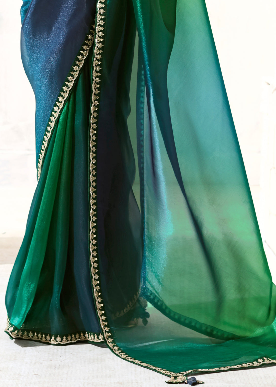 Pine Green Organza Tissue Silk Saree With Heavy Work Border And Designer Blouse