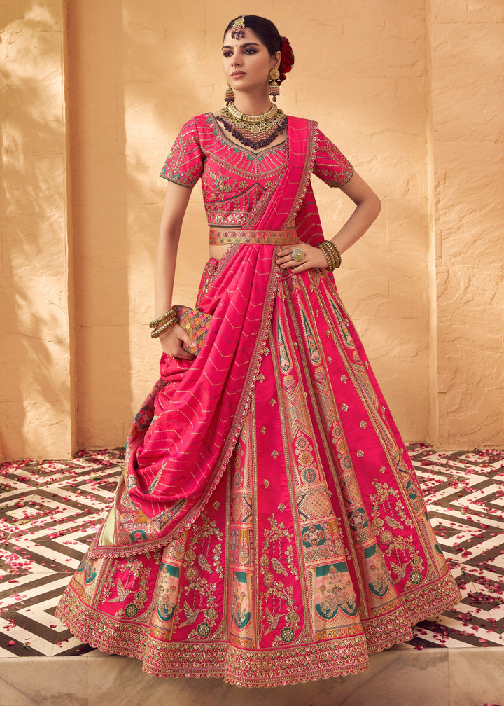 Neon Pink Banarasi Silk Lehenga Choli With Zarkan And Cut Work