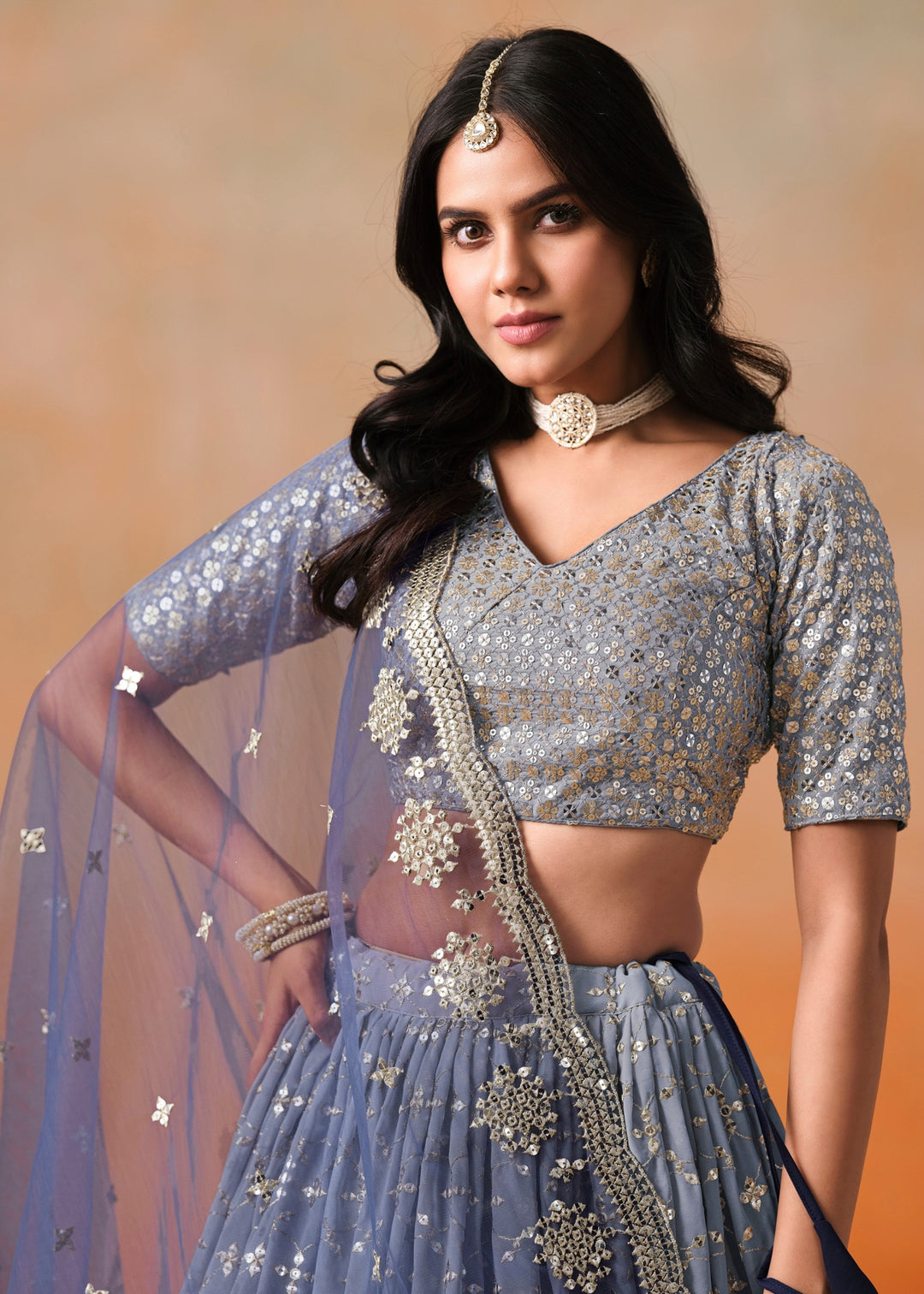 Navy Blue Sequins Zari Embroidered Work Georgette Lehenga