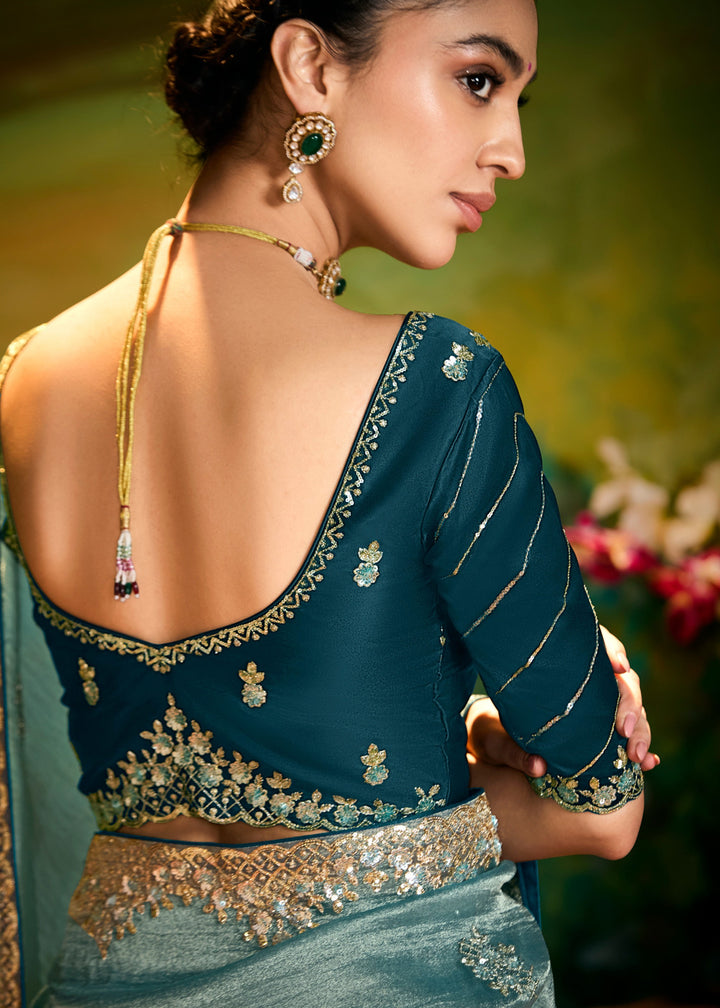 Pine Green Saree With Embroidery And Handwork Designer Cut Border