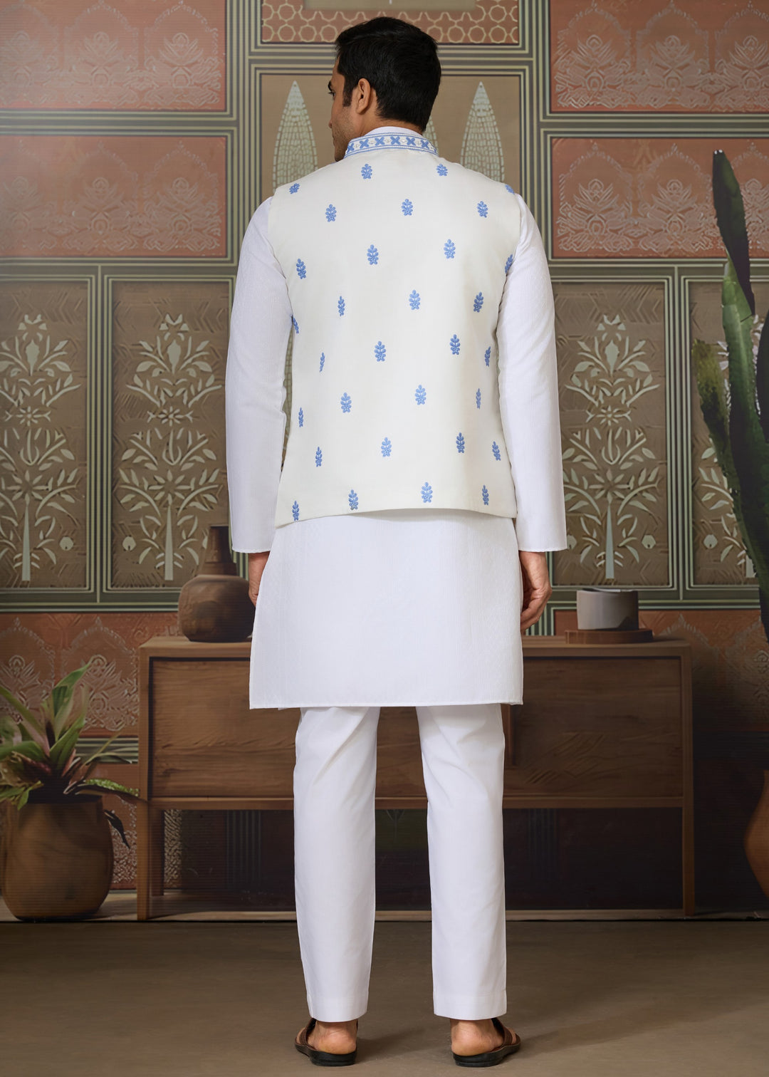 White Kurta And Pant With Soft Powder Blue And White Embroidered Nehru Jacket