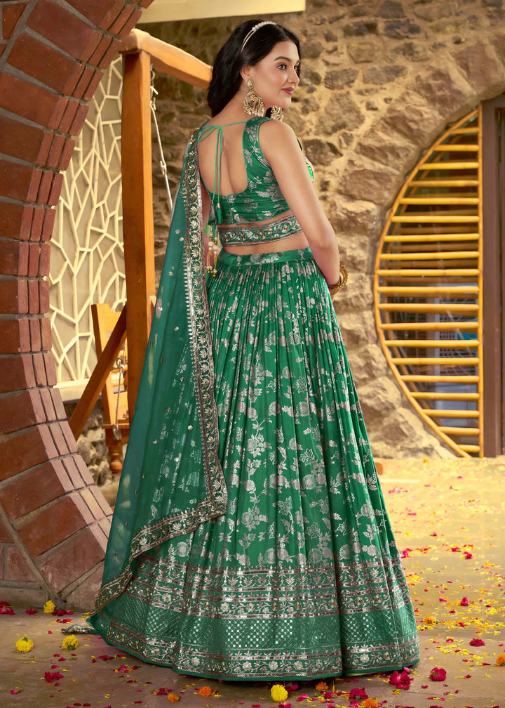 Rama Green Sequins and Zari Embroidery Work Silk Lehenga