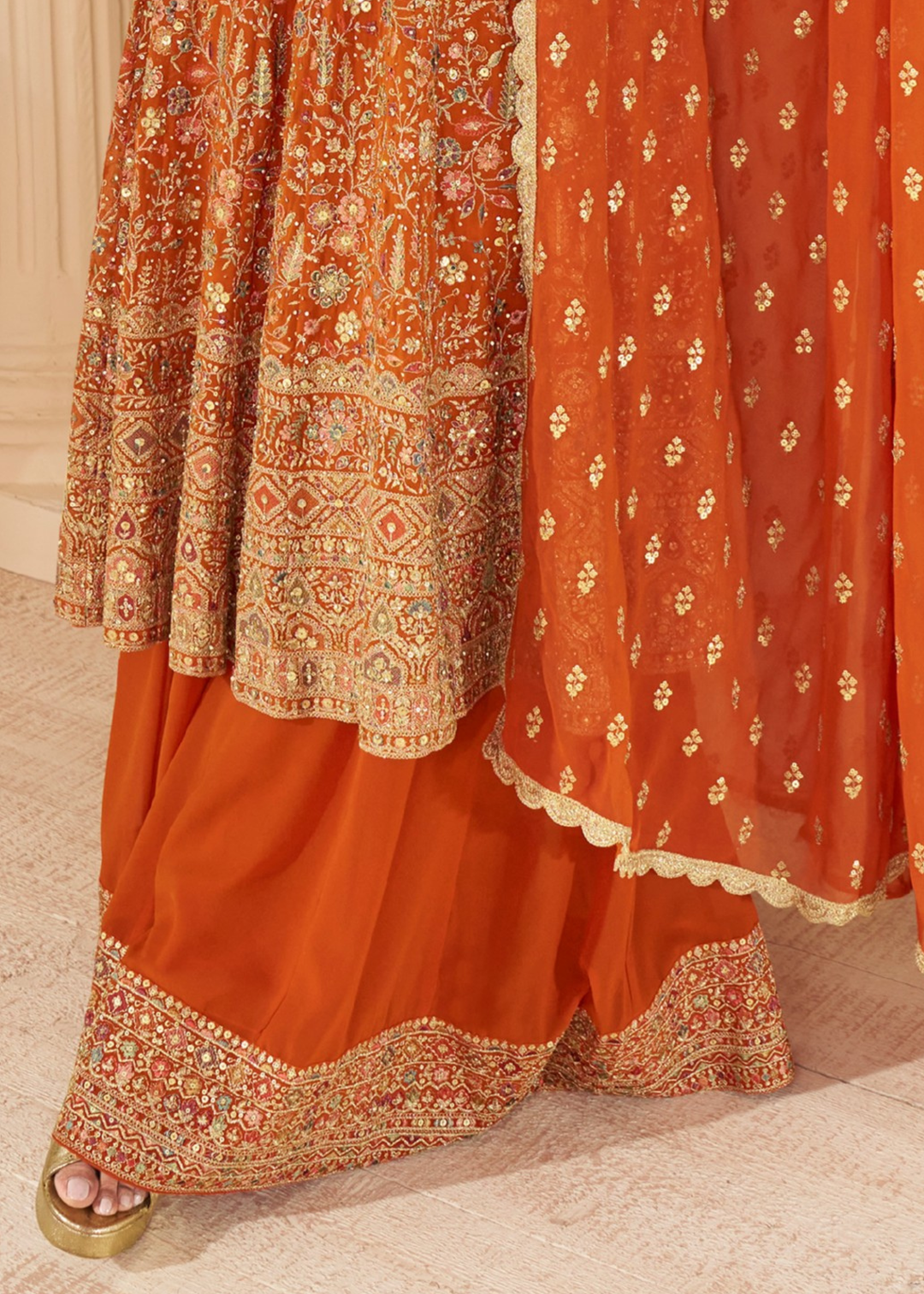 Burnt Orange With Intricate Prints Georgette Palazzo Suit