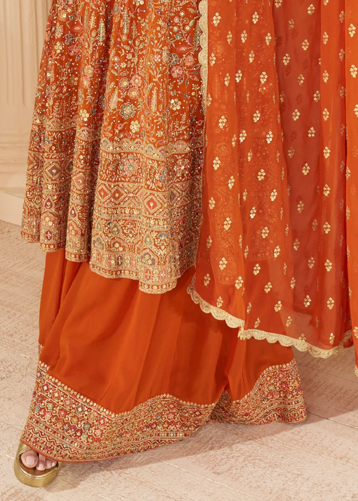Burnt Orange With Intricate Prints Georgette Palazzo Suit