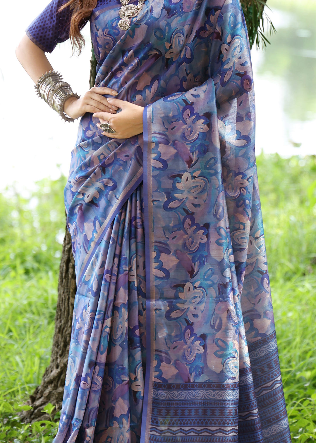 Blue Flower Printed Design Cotton Silk Saree With Printed Pallu