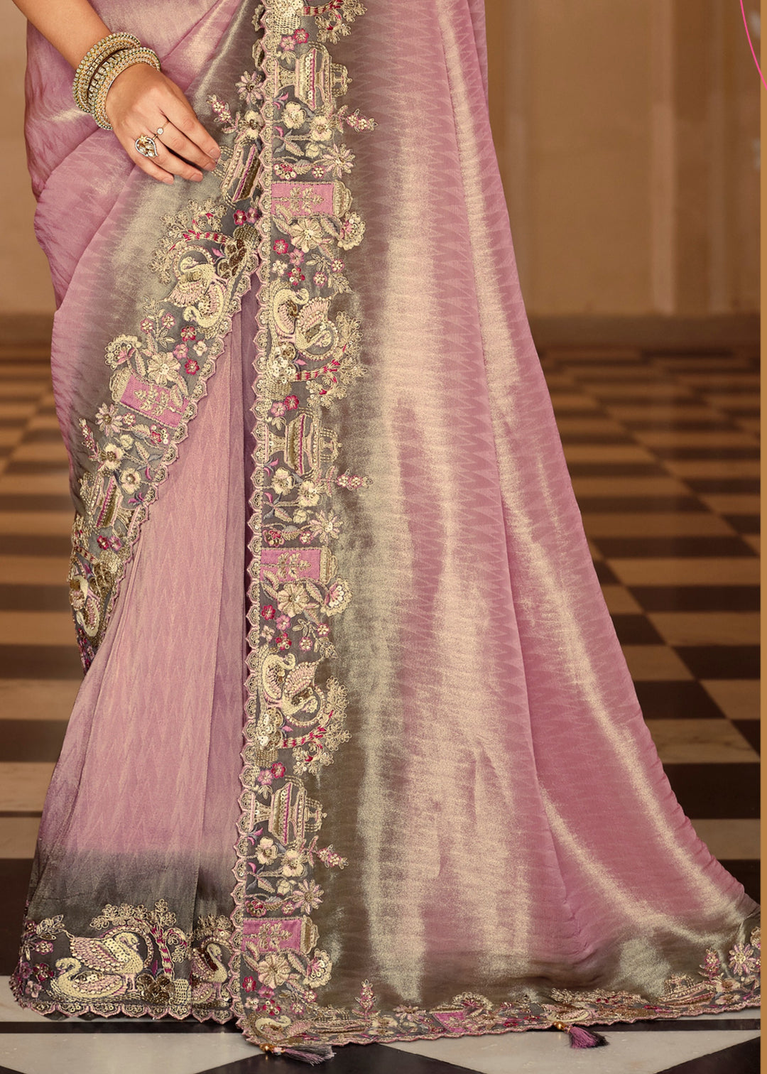 Lavender Mauve with Silver-Grey embroidery Silk Saree