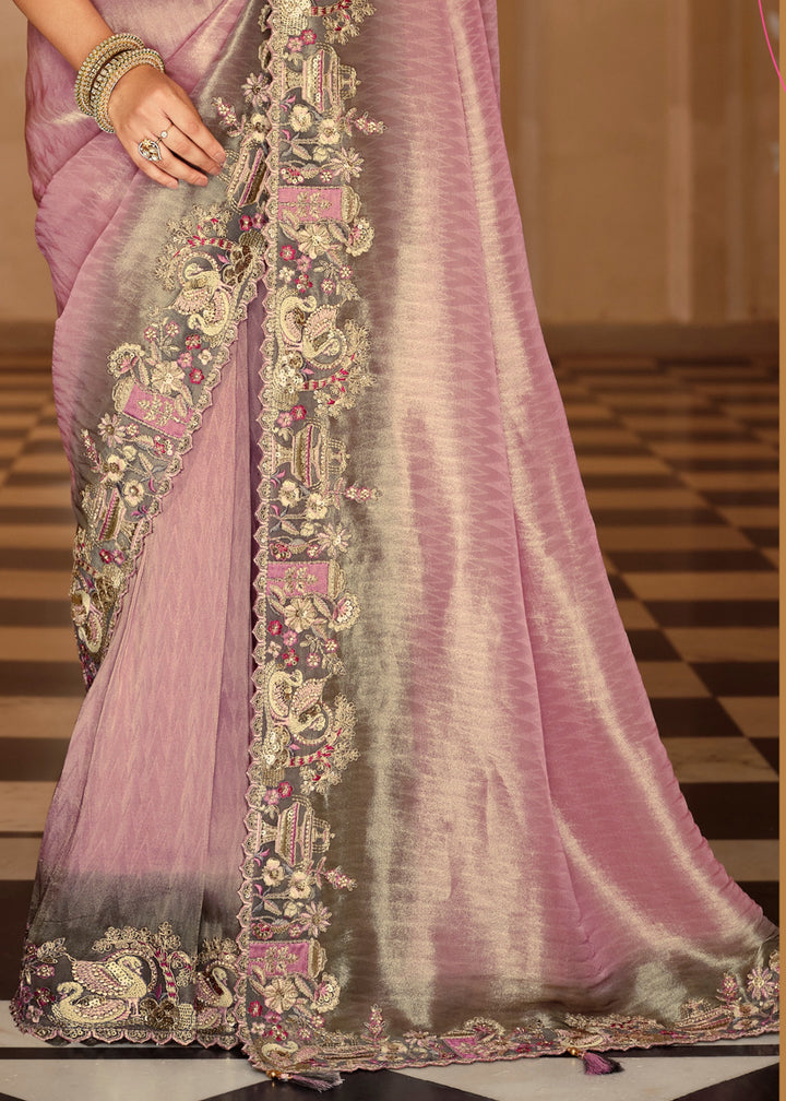 Lavender Mauve with Silver-Grey embroidery Silk Saree
