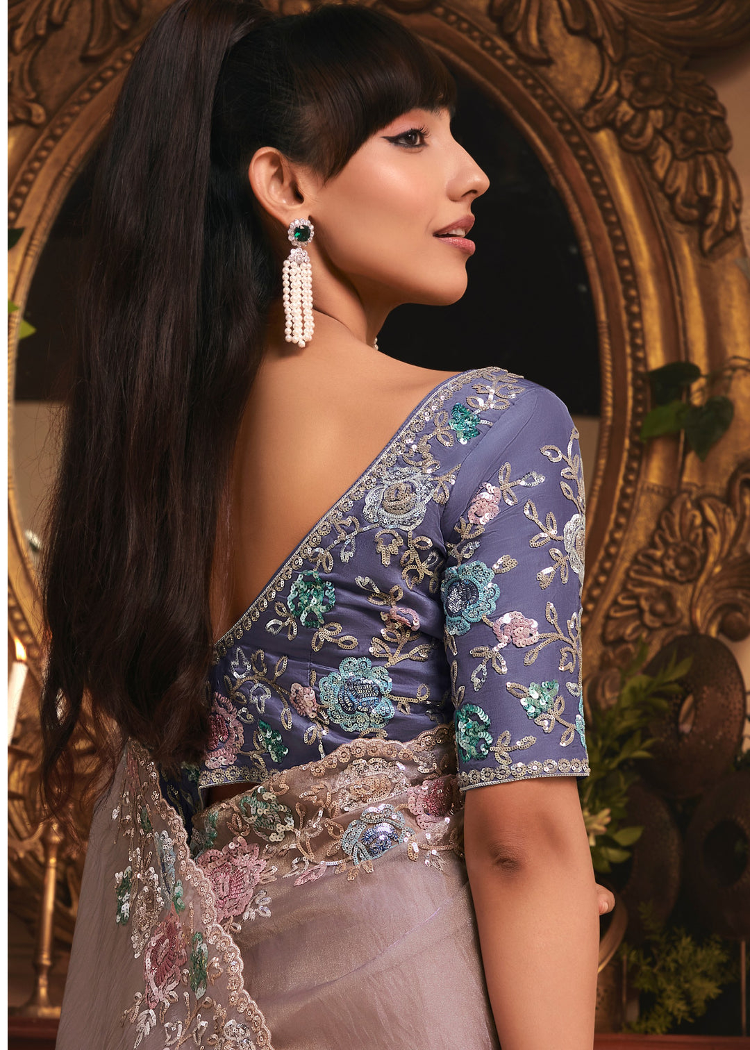 Lilac / Lavender Grey Tissue Organza Saree With Heavy Embroidery