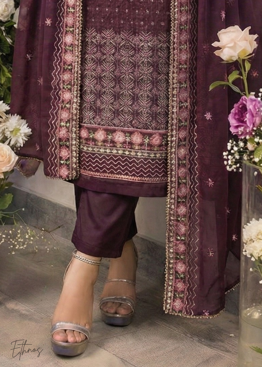 Wine-Plum with Muted Gold Embroidery Pant Suit
