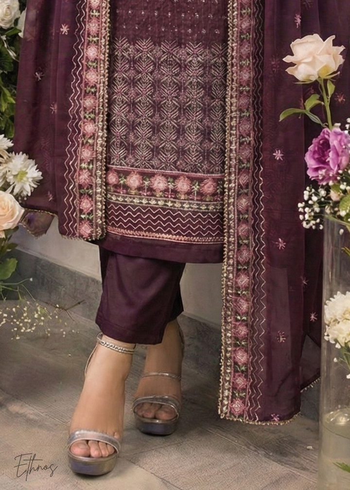 Wine-Plum with Muted Gold Embroidery Pant Suit