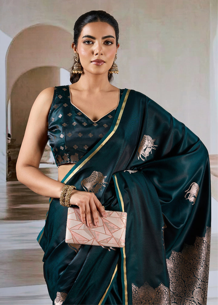Dark Green Pure Satin Handloom Weaving Saree