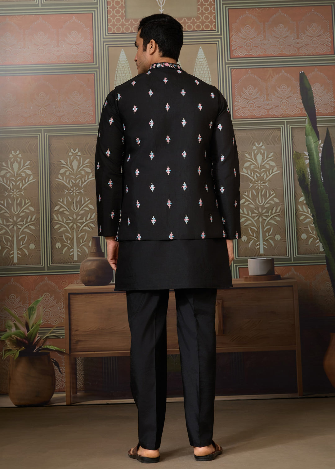 Jet Black Mens Wear Koti Style with Silk Kurta and Pajama