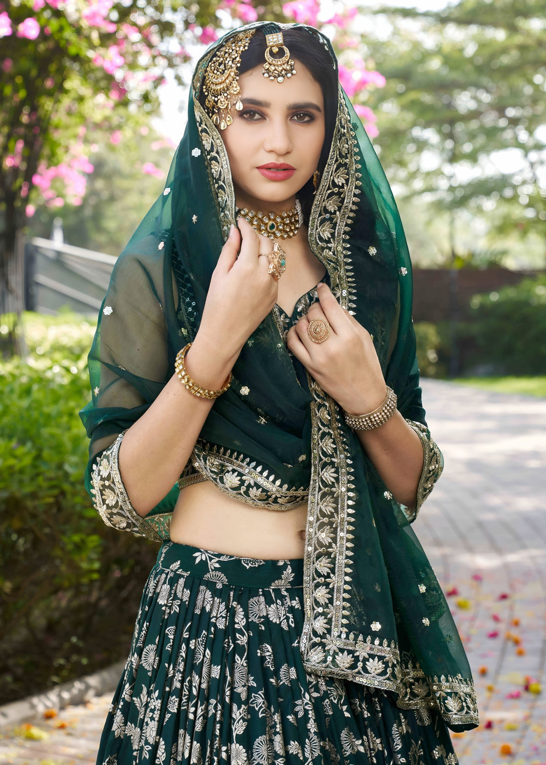Green Sequins and Zari Embroidery Work Silk Lehenga