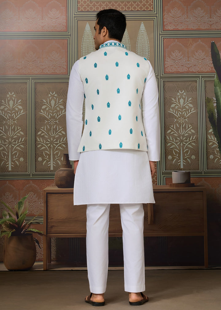 White Kurta And Pant With Powdered Blue Embroidered Nehru Jacket
