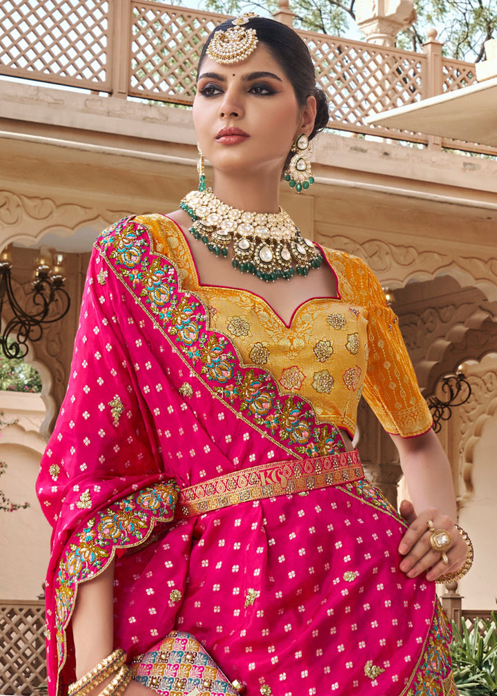Hot Pink Banarasi Silk Lehenga with Zarkan & Cutwork