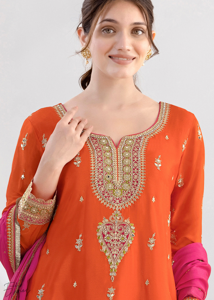 Pumpkin Orange Chinnon Silk Salwar Suit