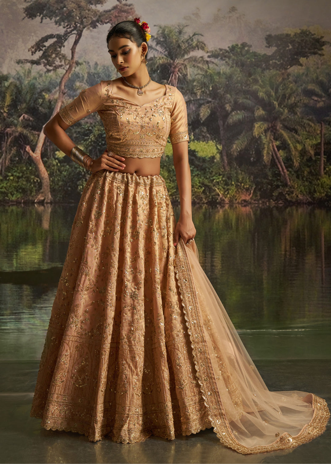 Peachy Rose Gold Gota Silk Lehenga With Embroidery