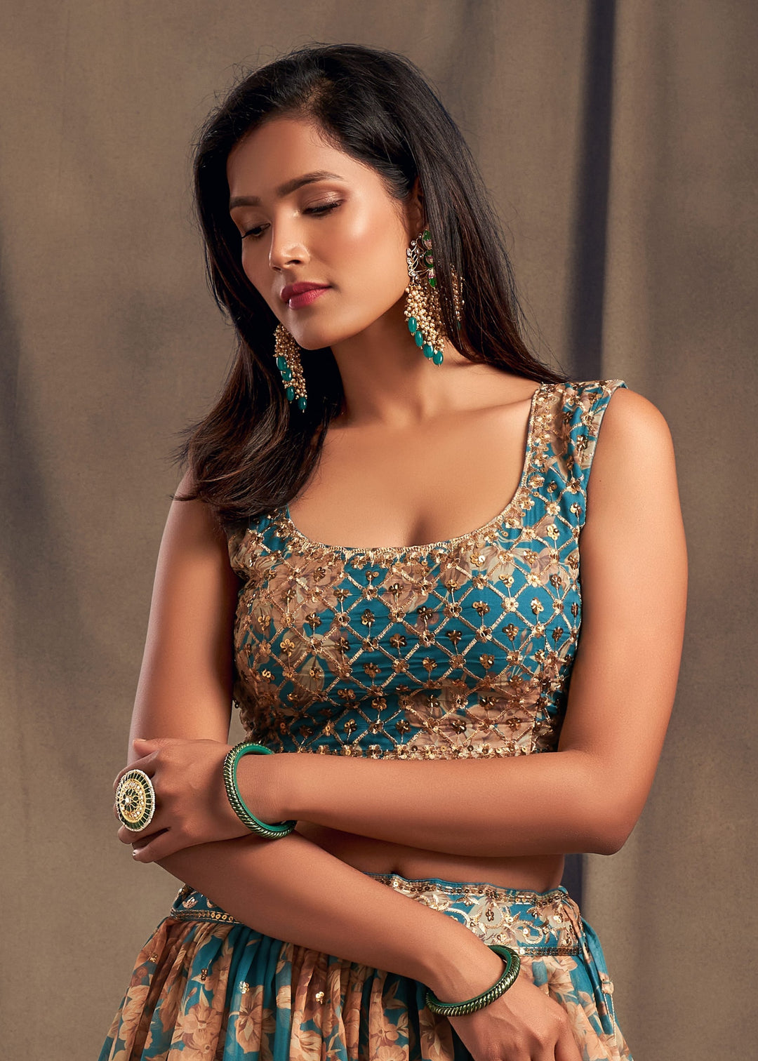 Teal Blue Organza Lehenga Sequins Zari Embroidery Work