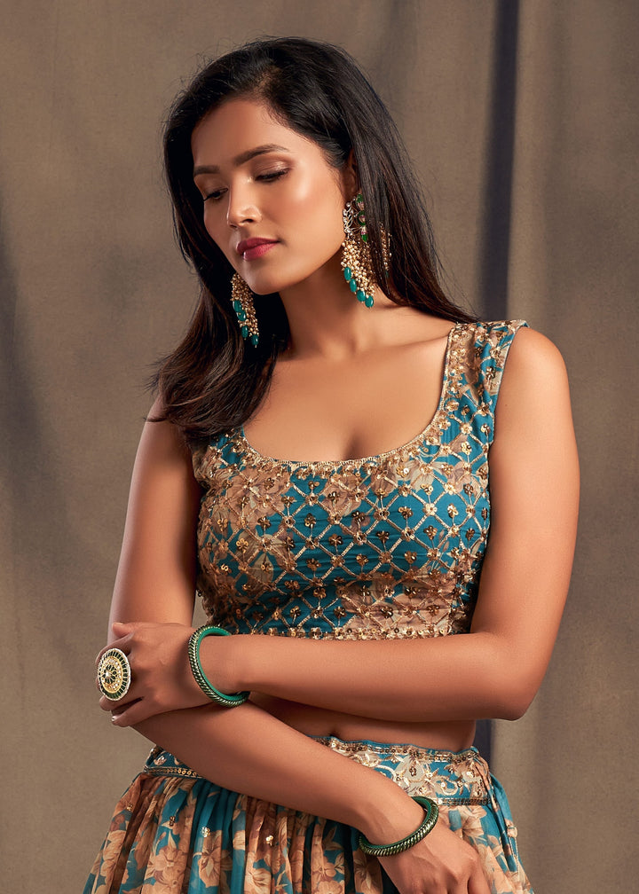 Teal Blue Organza Lehenga Sequins Zari Embroidery Work