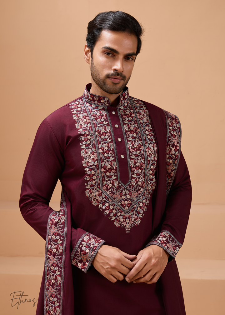 Maroon Mens Wear Silk Kurta With Pant And Dupatta
