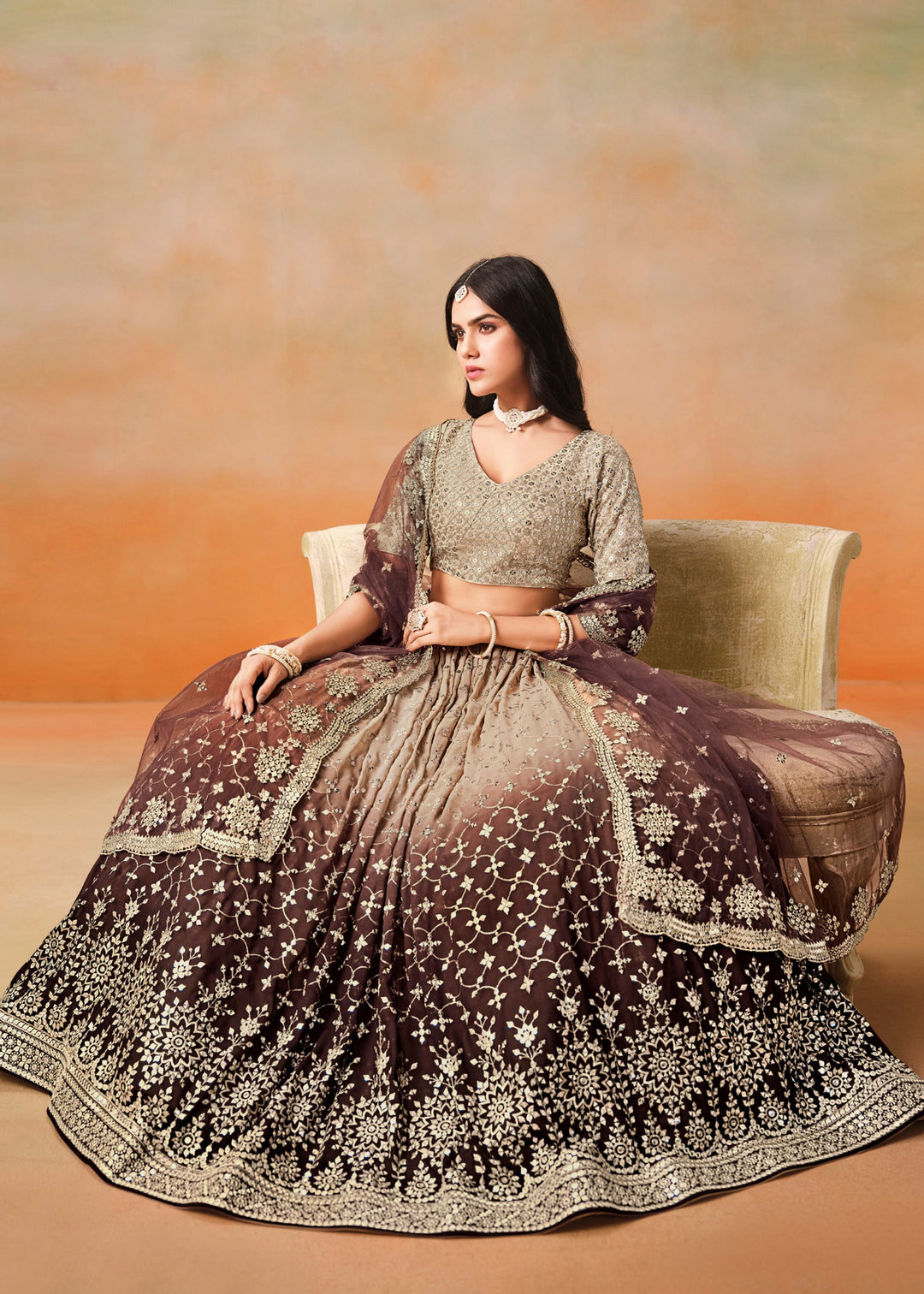 Brown Sequins Zari Embroidered Work Georgette Lehenga